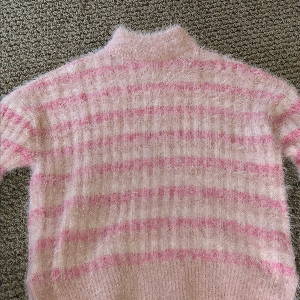 pink striped mock neck fuzzy sweater